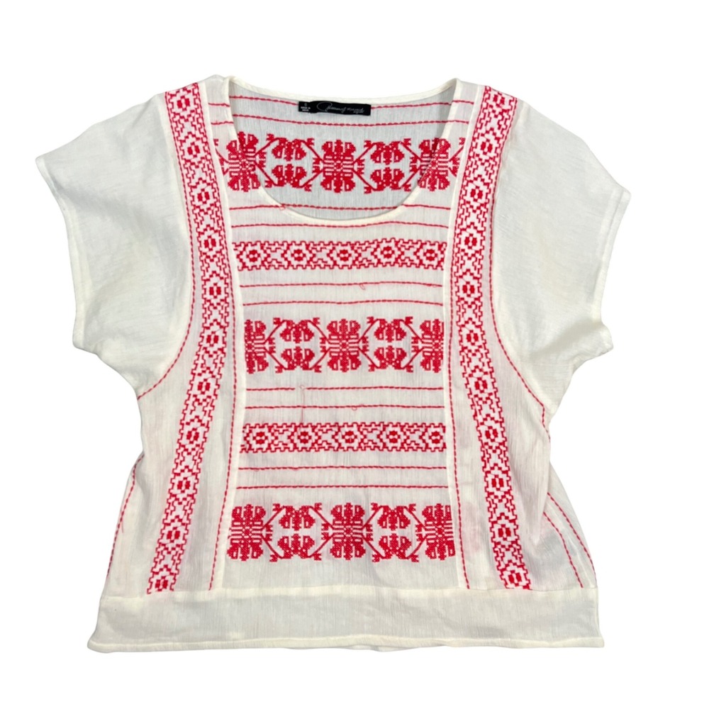 Patterson J Kincaid White Red Embroidered Cotton Gauze Boho Blouse Small
